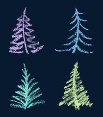 Crayon or white chalk like kids hand drawing funny merry christmas tree shape set on black. Artistic stroke line like child drawing cute doodle vector holiday background.