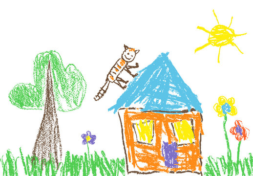 Like child`s hand drawn house, grass, tree, sun, colorful flowers and funny cat on roof. Like kid`s crayon, pastel chalk or pencil painting spring or summer doodle vector background garden banner.
