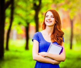 Fototapeta premium Young redhead woman in blue dress with notebook in a park. Spring time season
