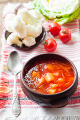 Vegetarian tomato soup with cabbage and cauliflower