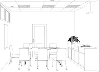 office contour visualization, 3D illustration, sketch, outline