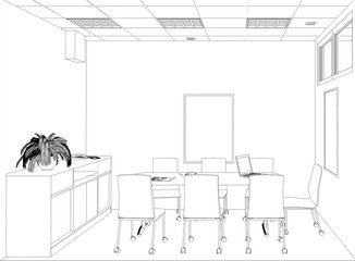 office contour visualization, 3D illustration, sketch, outline