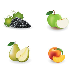 Fresh fruits. apple, pear, grapes and peach with slices. vector illustration