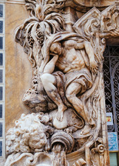 Detail of the sculptures on the Baroque building of the National Ceramics Museum in Valencia, Andalusia, Spain