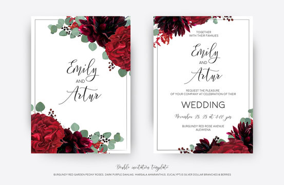 Wedding vector Floral invite, invitation save the date card  modern design: garden red rose flower, burgundy dahlia, eucalyptus greenery branches & berries frame, border. Bohemian stylish template set