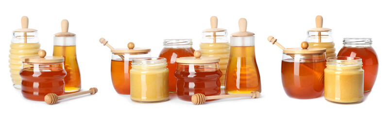 Set with different types of sweet honey on white background