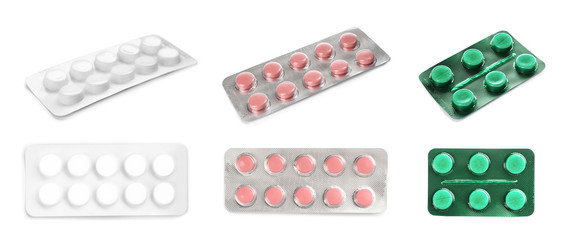 Set with pills on white background. First aid