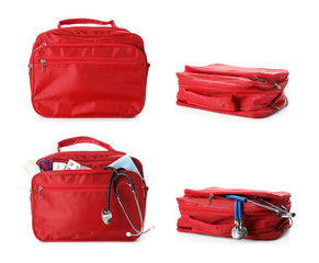 Set with first aid kits on white background