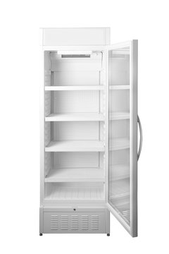 Open empty commercial refrigerator on white background