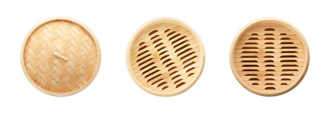 Set with bamboo steamer on white background, top view - obrazy, fototapety, plakaty