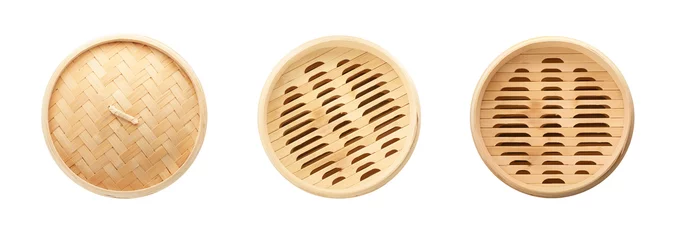 Deurstickers Set with bamboo steamer on white background, top view © New Africa