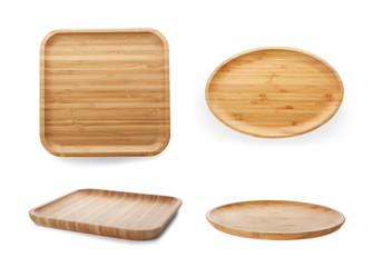 Set with bamboo dishes on white background