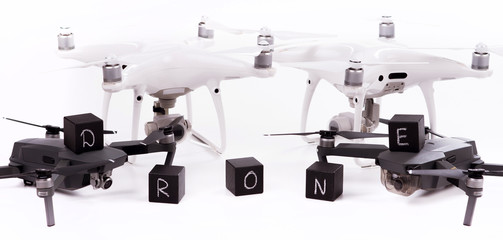 Flying drones on white background. Theme selling and buying drone