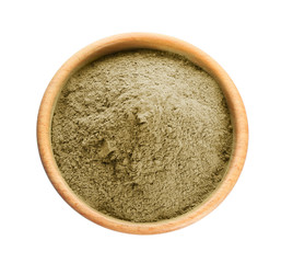 Bowl with hemp protein powder on white background, top view