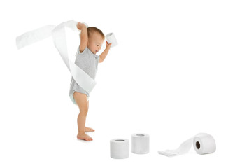 Cute toddler playing with toilet paper on white background