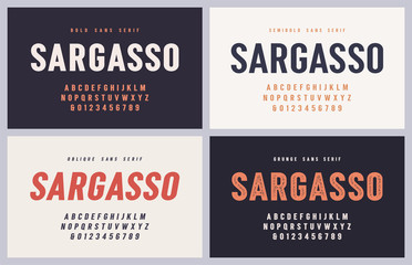 Sargasso bold, semibold, oblique and grunge san serif vector font, alphabet