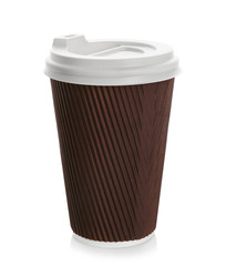 Takeaway paper coffee cup with lid on white background