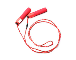 Jump rope on white background, top view