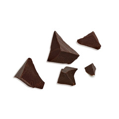 Broken chocolate pieces, morsels or cracked chocolate parts isolated on white background