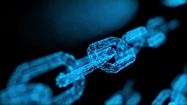 4K Blockchain crypto currency connected multi-function blue chain particle closeup 