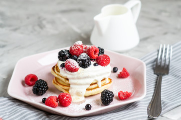 Homemade Pancakes Pastel Pink Plate Sour Cream Berries Coffee Healthy Breakfast Morning Concept