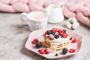 Homemade Pancakes Cappuccino Giant Merino Wool Blanket Pastel Pink Plate Sour Cream Berries Coffee Healthy Breakfast Cotton Flower Morning Concept