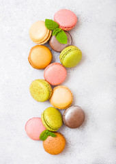 Dessert cake macaron or macaroon with mint leaf on stone kitchen table background. Top view. Golden luxury edition