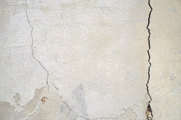 Old foundation and plaster wall with cracks. Building requiring repair closeup.