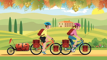 Illustration of a man and woman cycling through the Tuscan countryside of Italy in the month of September