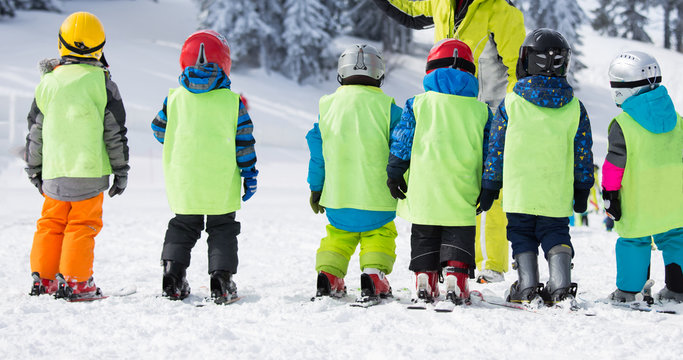Ski school for kids on polygon
