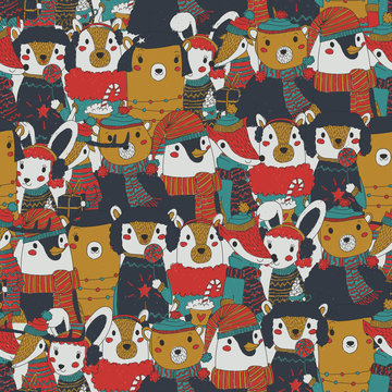 raster vintage christmas seamless pattern with festive animals wearing warm winter clothes. retro xmas repeating background. rusty and old christmas wrapping paper with bunch of animal portraits.