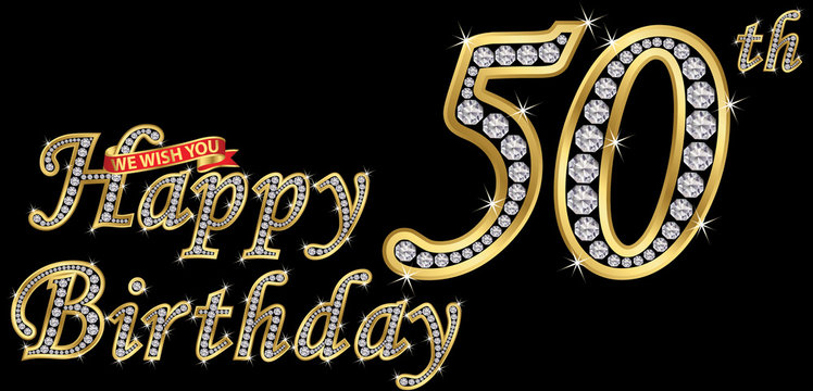 50 years happy birthday golden sign with diamonds, vector illustration