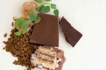 Lumps of dark chocolate, brown sugar, and coffee