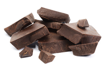 Dark Chocolate Bar, tablets with pieces isolated on white background