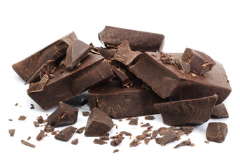 Dark Chocolate Bar, tablets with pieces isolated on white background