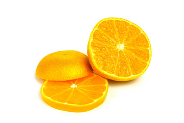 Isolated tangerines. Two mandarin orange fruits and peeled segments isolated on white background.