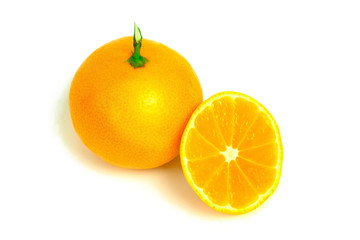 Isolated tangerines. Two mandarin orange fruits and peeled segments isolated on white background.