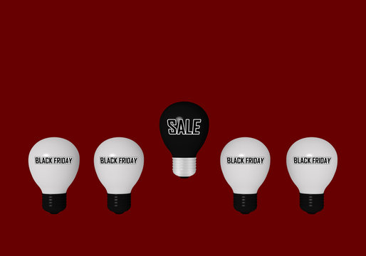 weiße Glühbirnen mit dem Text "Black Friday" und eine schwarze Glühbirne mit dem Text "Sale" auf rotem Hintergrund.