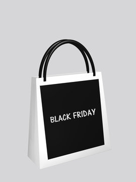 schwarz-weiße Einkaufstasche mit dem Text "Black Friday". 3d rendering