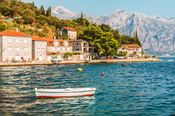 View of the embankment in the city of Perast in Kotor Bay.