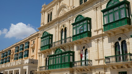 Valletta, capital city of Malta. Maltese balconies can be classified under two categories: the open type and then there is the more striking closed wooden balcony. This a view of the last ones.