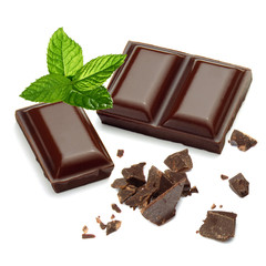 Dark Chocolate Bar or tablets with mint leaf isolated on white background