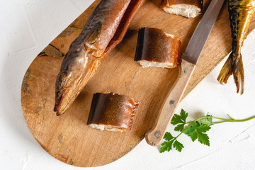 Smoked eel ready to eat. Delicious freshly made seafood.