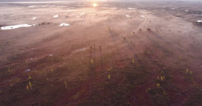 Aerial drone shot over foggy raised peat bog (mire) with small ponds in Ķemeri National Park, Latvia during sunrise