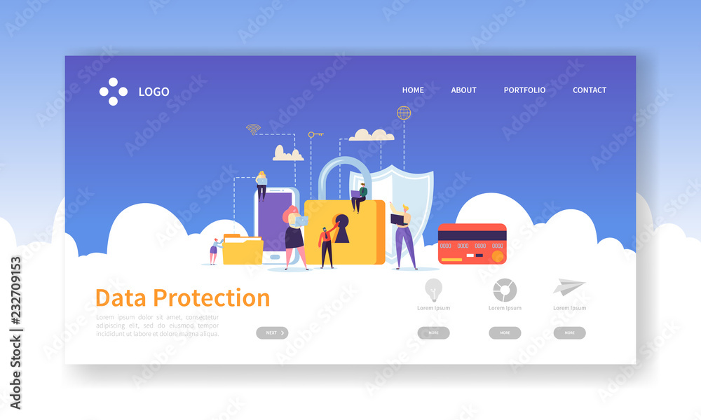 Poster network security landing page. data protection banner with flat people characters and digital data s