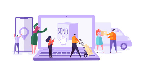 Online Cargo Delivery Tracking Web Site Service. Worldwide Logistic Delivery Concept with Courier Characters. Workers in Uniform with Parcels. Vector illustration
