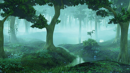 magical and foggy fantasy forest with ponds © dottedyeti