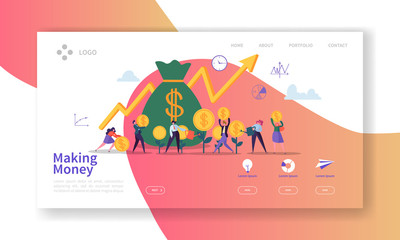 Making Money Landing Page. Business Investment Banner with Flat People Characters Saving Money Website Template. Easy Edit and Customize. Vector illustration