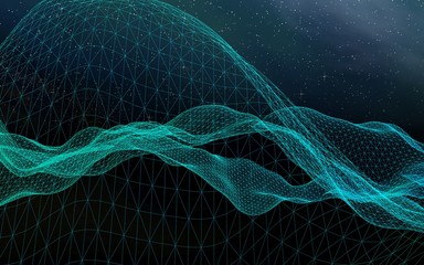 Abstract landscape on a dark background. Star horizon. Cyberspace grid. Hi-tech network. Outer space. Starry outer space texture. 3D illustration