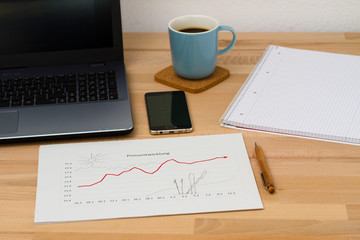 Desktop with a vacation drawing on a business chart